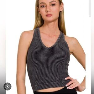 Zenana Outfitters Ribbed V-Neck Crop Tank in Charcoal